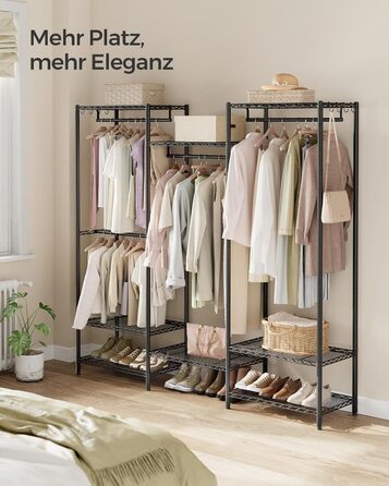SONGMICS Clothes Rack, Open Wardrobe, Metal Coat Rack, Coat Stand with Adjustable Shelves and Clothes Rails, Hooks, High Load Capacity, Detachable, Cloud White LGR431W01 (Ink Black)