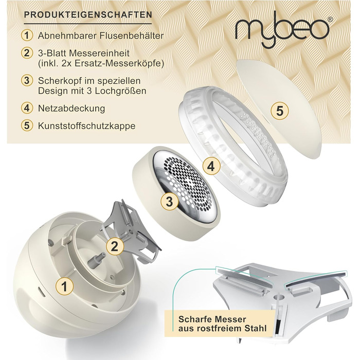 MyBeo - Електричний видалення ворсу з одягу - бездротовий прилад для видалення ворсу з тканини з USB-кабелем для зарядки - для всіх видів одягу - видаляє ковтунці - 2 змінні леза - акумуляторний (Колір: Бежевий)