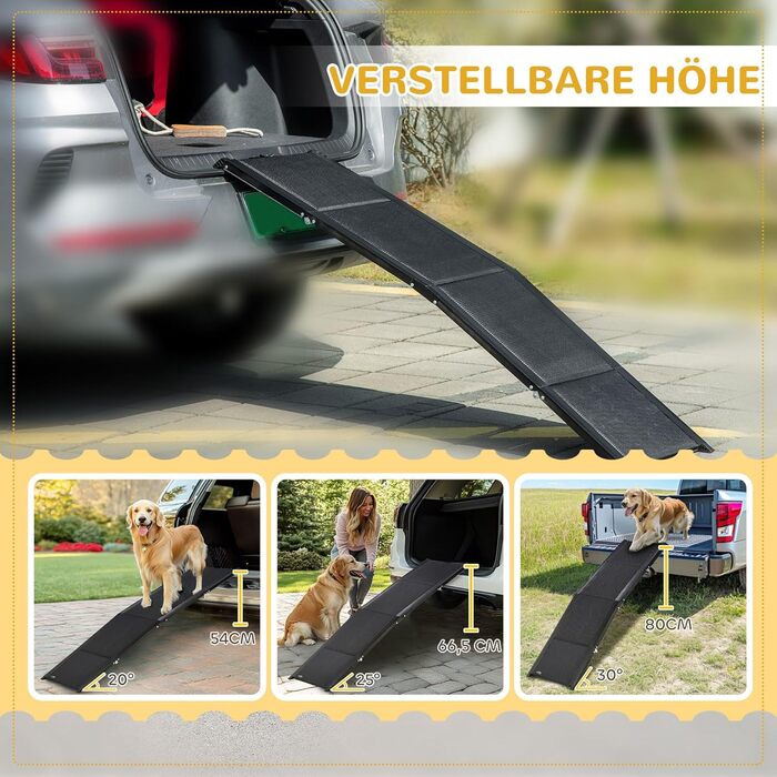 Рампа для собак PawHut - складана авторампа для домашніх тварин 158 см. Ідеально для великих собак до 40 кг, з антиковзким покриттям та ручкою. Підходить для LKW, SUV, високих ліжок. Чорний колір.