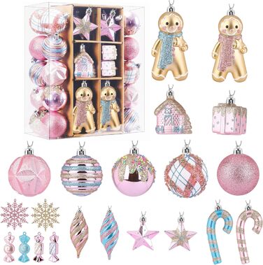 Набір прикрас на ялинку Shareconn 65 шт. з пластику, міцні, з мотузкою, різні розміри та кольори (червоний & білий, макарон)