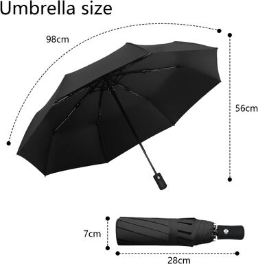 Чорний автоматичний парасолька-тростина з 8 спиць, стійкий до вітру, з UV захистом, легкий та міцний
