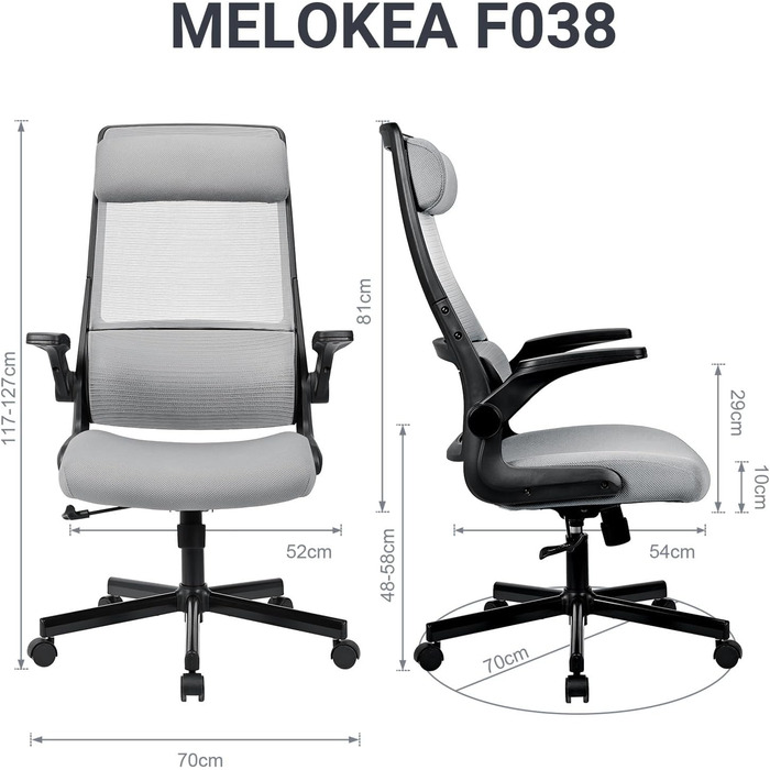 Ергономічне крісло для офісу з регульованою підголовником, сітчасте крісло для робочого столу, відкидні підлокітники, широке сидіння, функція гойдання, комп'ютерне крісло EN 1335, офісне крісло 200 кг, сіре та чорне