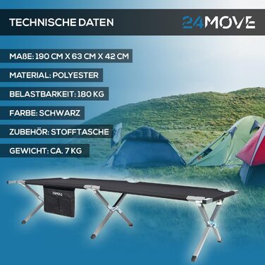 Розкладне ліжко для кемпінгу 24MOVE® - міцне, компактне, для відпочинку на природі та вдома (210x72x45 см)