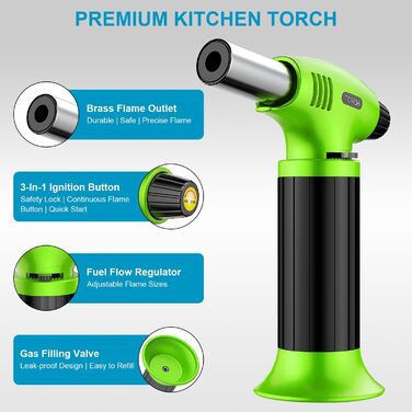 Кулінарний пальник для Крем-брюле, міні-пальник з регулюванням полум'я та захисним замком для десертів та BBQ, зелено-чорний (газ не входить)