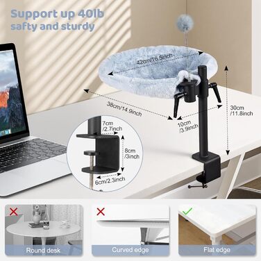 Кішка ліжко на стіл Odoland - 360° обертається та регулюється по висоті, м'яка гамак для котів з 2 знімними чохлами, місце для сну для дому/офісу - для цілорічного використання (Сірий)