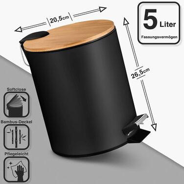 Смітник для косметики VMbathrooms 3L з педаллю та бамбуковою кришкою, Soft-Close, чорний матовий, для ванної кімнати та туалету