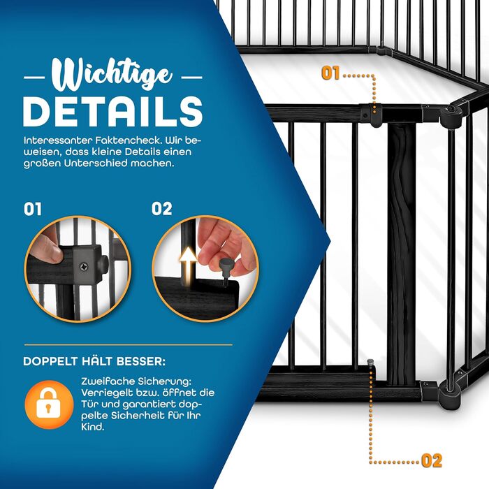 Дитячий вольєр KIDUKU® XXL, 7,2 м, розкладний, з дверцятами | Безпечний вольєр для дитини з подвійним замком | Захисний бар'єр для малюків з 8 елементами, білий/натуральний (чорний)