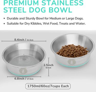 Набір мисок для собак LumoLeaf, нержавіюча сталь, великі, 2 x 3000 мл, з протиковзким силіконовим дном, для великих і середніх собак, миска для їжі та води, придатна для миття в посудомийній машині (подвійний набір)