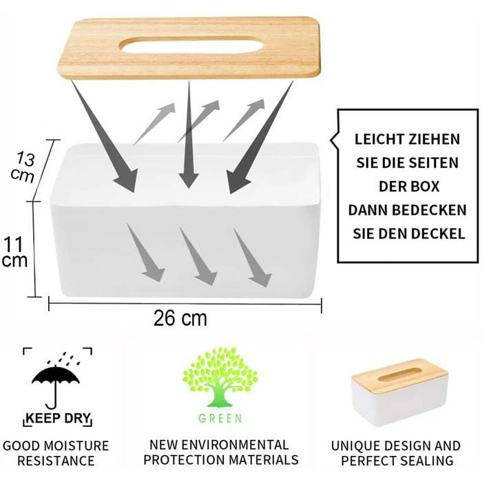 Wooden Cosmetic Tissue Box, 26x13x11cm Tissue Dispenser, Practical Tissue Box, Rectangular Tissue Box for Standard Tissues