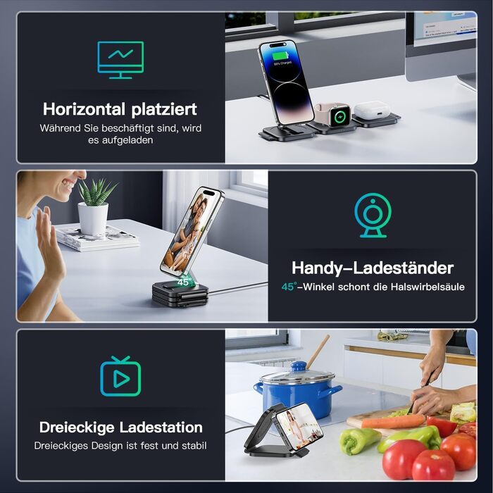 Зарядна станція JARGOU 3-в-1 для Apple: Watch, iPhone (MagSafe) | Підтримка iPhone 17 Pro Max, 16, 15, 14, 13, 12, AirPods Pro 4 3 2, Series