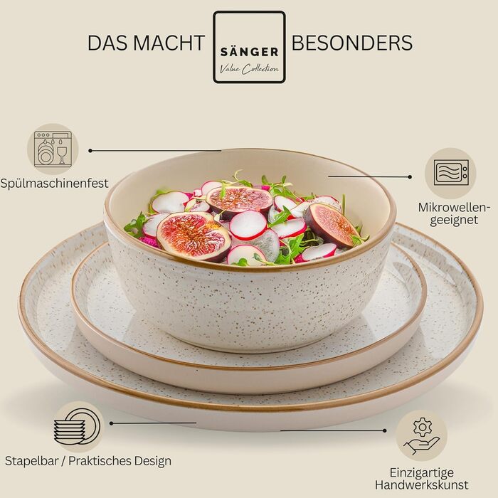 Набір посуду SÄNGER Rio Creme 24 частини: 6 тарілок, 6 тарілок для сніданку, 6 глибоких тарілок, 6 салатників, керамічний посуд для 6 осіб