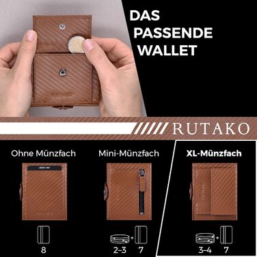 RUTAKO Slim Wallet with XL Coin Pocket & RFID Protection - Card Holder for Men & Women - Small Credit Card Holder - Mini Wallet - Purse/Wallet Small - Wallet Carbon-Cognac