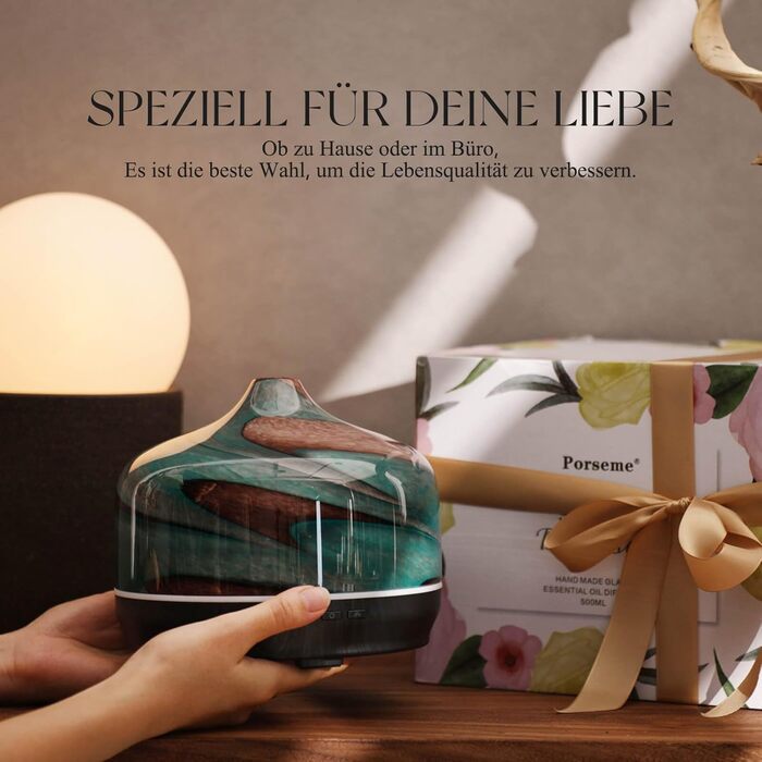 Дифузор ароматної олії Porseme 500 мл, скляний, ультразвуковий, з LED-підсвіткою 7 кольорів, для ефірних олій, тихий, для дому (Rosegold)