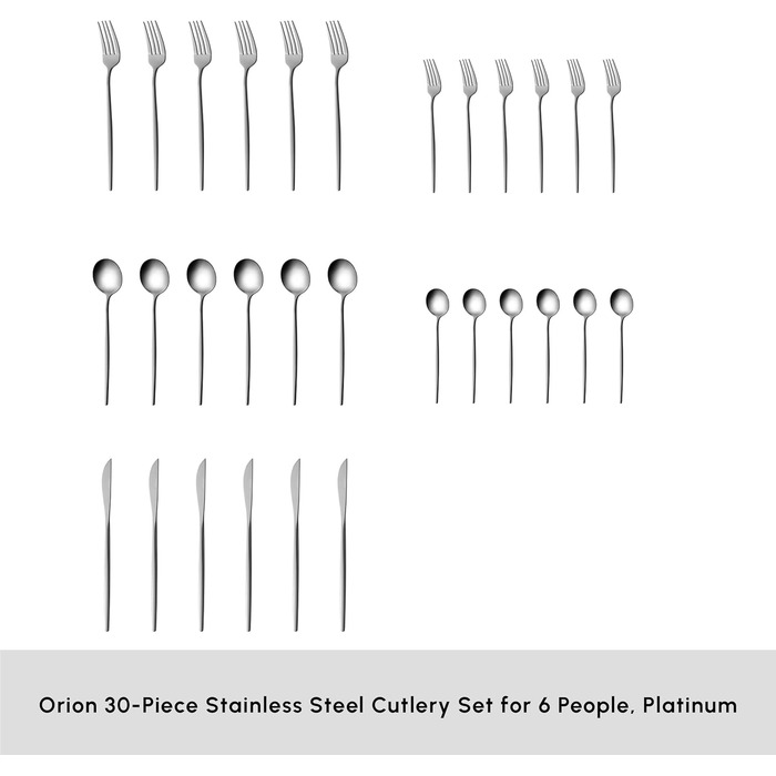 Karaca Orion Platinum 30-Piece Cutlery Set for 6 People, Stainless Steel, 6 Dinner Knives, 6 Soup Spoons, 6 Dinner Forks, 6 Dessert Forks, 6 Teaspoons, Modern Design