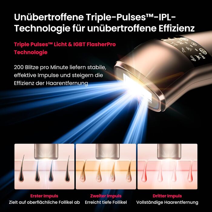 Пристрій для епіляції IPL, 25 Дж, лазерне видалення волосся для жінок та чоловіків, безболісна технологія охолодження сапфіром, довготривалий ефект для зони бікіні, ніг, пахв, тіла, колір: шампань-золото