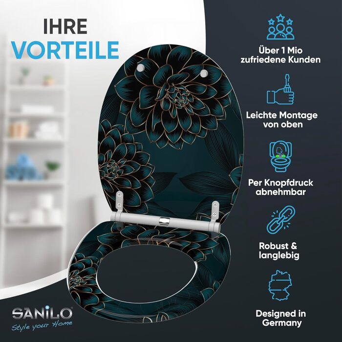 Сидіння для унітаза Sanilo з мікроліфтом (м'яке закриття), стійкі петлі, легкий монтаж, принт Dahlien