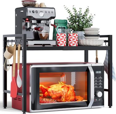 Підставка для мікрохвильової печі NETEL 3-ярусна, розширювана, з 8 гачками, чорна