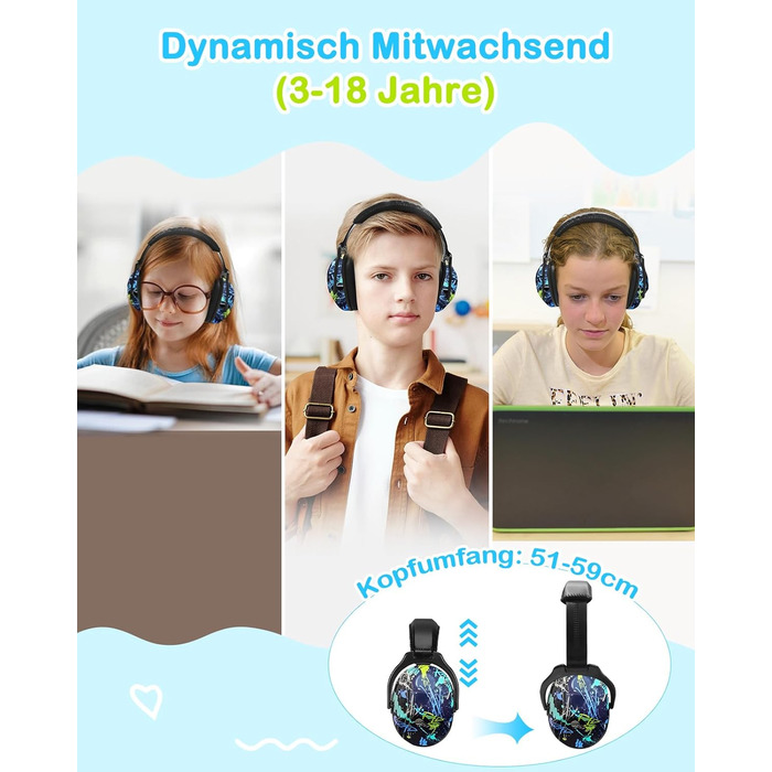 Навушники для захисту від шуму ZOHAN 030 для дітей 3-18 років, блакитні, з графіті