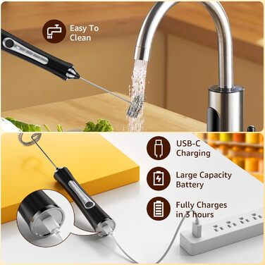 Електричний пінощікач для молока NEUTYPECHIC USB-C, 3 швидкості, знімні насадки для кави, лате, капучино, коктейлів