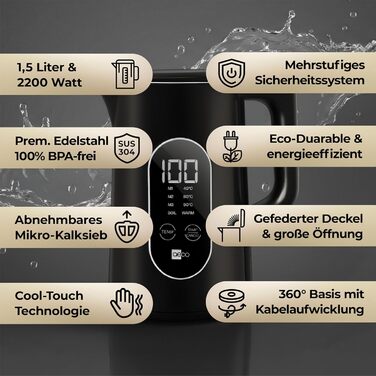 Електричний чайник Aeco AQA NEO з нержавіючої сталі, 1.7 л, 2150 Вт, без BPA, фільтр від накипу, бездротовий, CoolTouch, шампань срібло (Aqa Elite (чорний матовий))