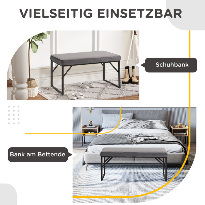 HOMCOM Upholstered Bench with Velvet Look, Bed Bench, Vanity Bench, Entryway Bench for Living Room, Bedroom, Dark Grey, 115x46x49 cm