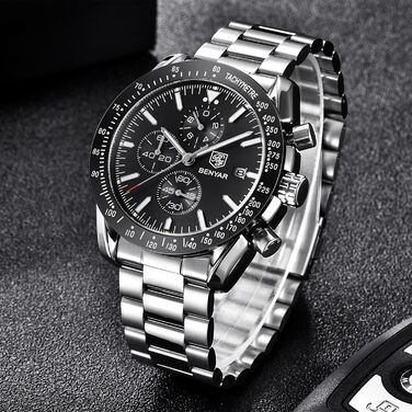 Чоловічий годинник BENYAR з хронографом, кварцовий, водостійкий 30M, з датою, для активного відпочинку, спортивний, шкіряний (чорний)