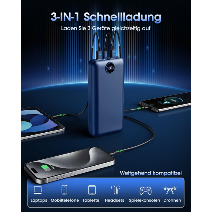 Power Bank 50000mAh з LED дисплеєм: Швидка зарядка 22.5W, 3 виходи USB та 2 входи, сумісний з iPhone, iPad, Android (Червоний)