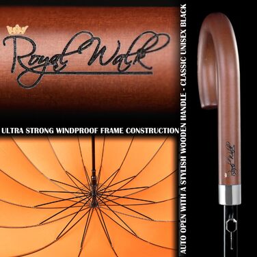 Royal Walk Automatic Travel Golf Umbrella - 54 Inch (140cm) - Windproof, Water-Resistant, 16-Rib, Large Size for 2 People, Wooden Handle, Unisex