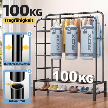 Вішалка для одягу в спальню та вітальню, подвійна, чорна - міцна конструкція 100 кг, з полицями для зберігання