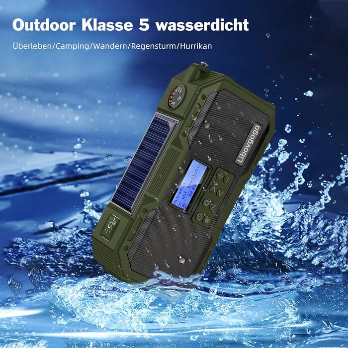 Портативне радіо Libovgogo DF-588D DAB+ FM з Bluetooth, водонепроникний динамік, радіо з ручкою, сонячна панель, Powerbank 4000mAh, ліхтарик, стробоскоп, нічник, будильник, SOS