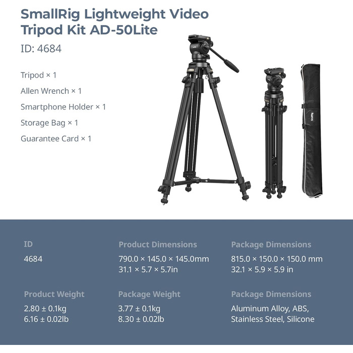 SMALLRIG штатив відео 158 см з fluid-головкою 360°, легкий штатив для камери з алюмінієвого сплаву, QR-плата, підйомний трос, для DSLR, відеокамер, 5 кг, AD-50Lite - 4684