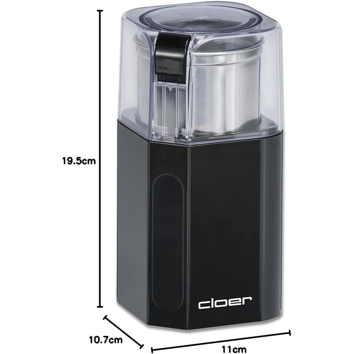 Cloer 7580 Electric Coffee and Spice Grinder, 200 W, for Pesto, Nuts and Grains, up to 70 g Coffee Beans, Removable Stainless Steel Container, Black