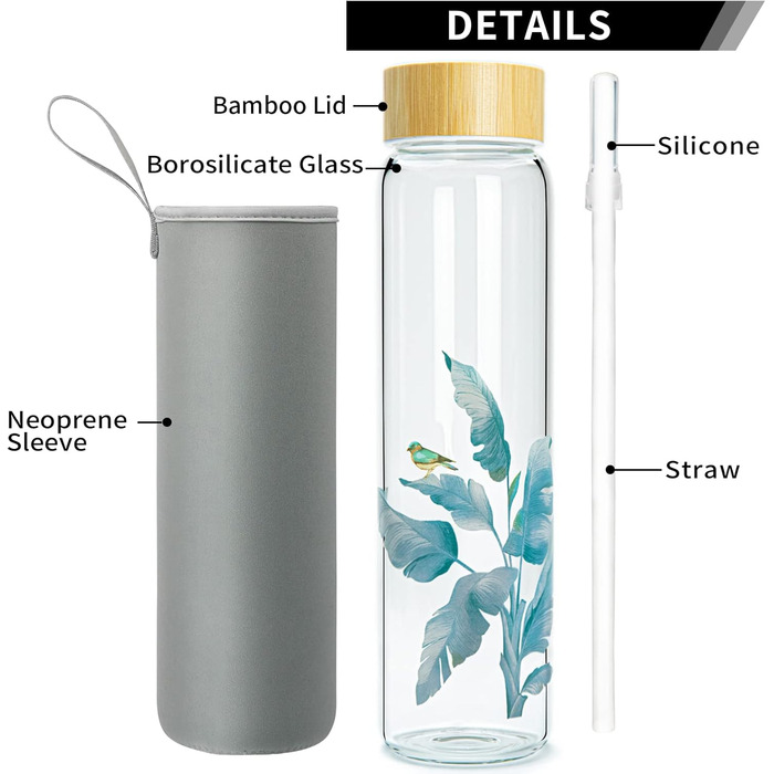 Glass Drinking Bottle 1L Glass Water Bottle with Bamboo Lid 1 Liter (1000ml) (Bird 1liter)