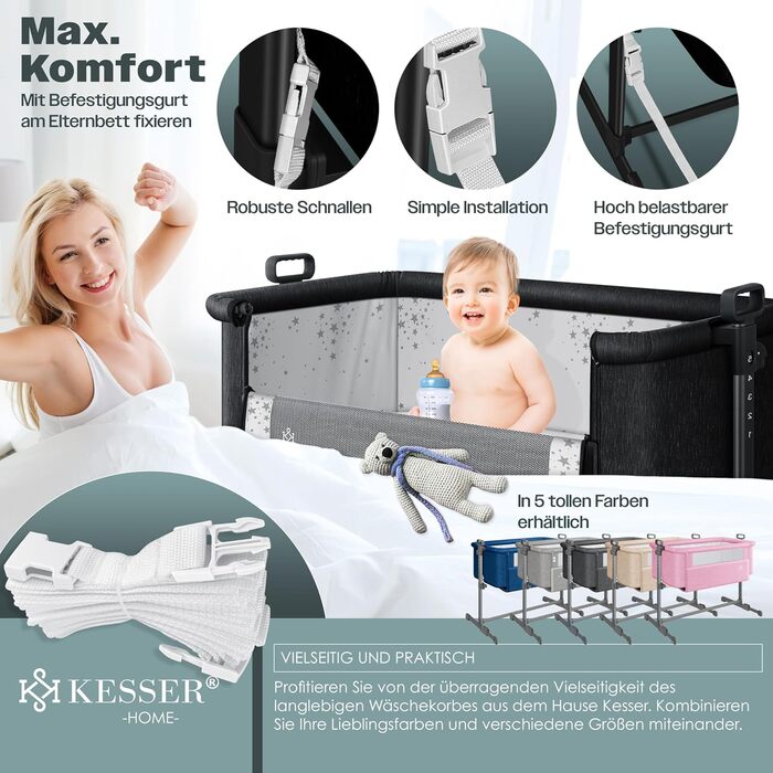 KESSER® Hubi 3in1 Delivery Bed, Baby Bedside Bed, Travel Bed, Baby Bed with Soft Mattress, Mobile Bed with Wheels, 5-Level Height Adjustment, Foldable Side Rail for Home and On the Go, Beige