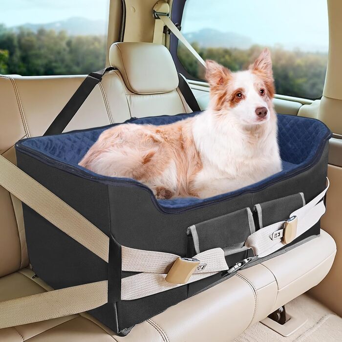 Stable Multi-Pet Car Seat with Safety Belt - Elevated Dog Basket for Medium Dogs, Washable & Reinforced - Royal Blue, Large
