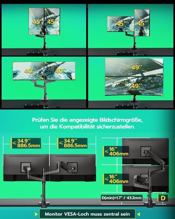 Кронштейн для двох моніторів ARES WING (17-49 дюймів) з USB, вертикальний підвіс один над одним, регулювання висоти, VESA 75/100, до 20 кг на руку, чорний
