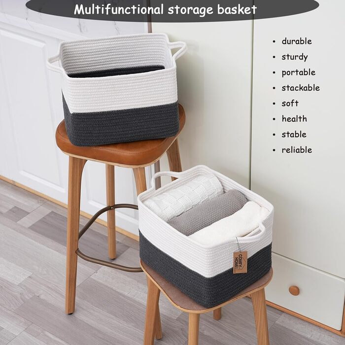 Woven cotton rope basket with handles for shelves, toys, books, fabric storage baskets for organizing, 34 x 28 x 24 cm, decorative storage basket for living room, bathroom