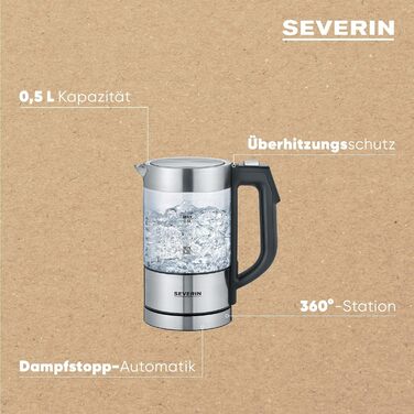 Міні електричний скляний чайник SEVERIN WK 3472, 0,5 л, регульована температура, з нержавіючої сталі, з фільтром від накипу, компактний дизайн, чорний