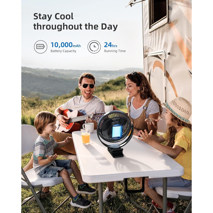 Вентилятор Koonie 10000 mAh з кліпсою, 20 см, портативний, USB, акумулятор, 4 швидкості, 360° оберт, тихий, для дому, офісу, дитячої коляски, кемпінгу, гроу-тенту, чорний