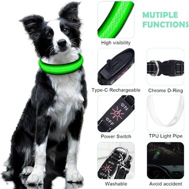 Світловідбиваючий нашийник для собак AUAUY з LED підсвіткою, USB-зарядка, водонепроникний, регульований, безпечний, 6 кольорів (-S), S(11.8-15.7'/30-40 cm) (Зелений)