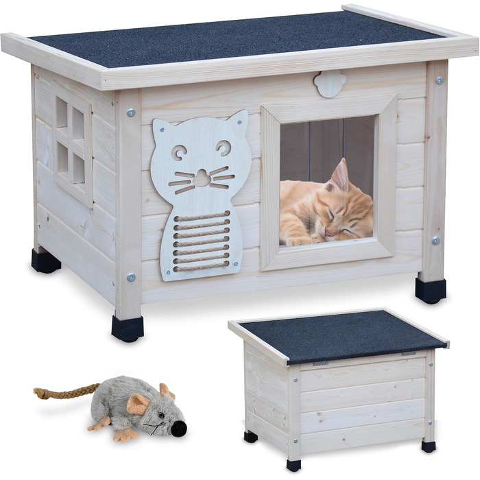 zooprinz Premium Wooden Cat House – Cat Box with Roof for Opening, Window and Swing Door – Sisal Scratching Band on the Cat Box – Weatherproof for Garden/Balcony – Indoor and Outdoor Shelter (Natural, Standard)