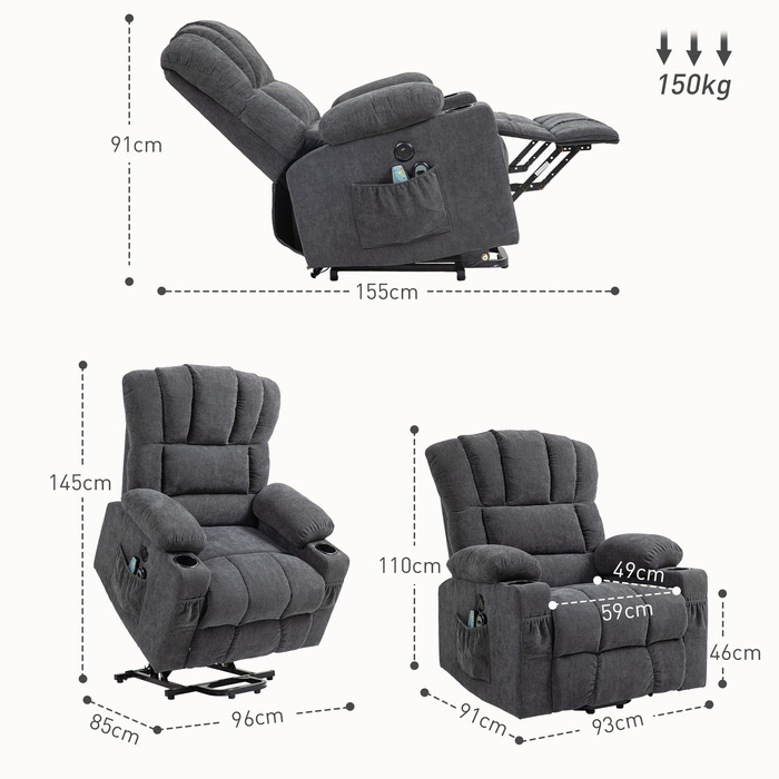 HOMCOM Electric Recliner with Rise Function, TV Chair with Lie-flat, Heating, and Massage Functions, TV Chair with Type-C and USB Ports, Cup Holders, Dark Grey | Aosom