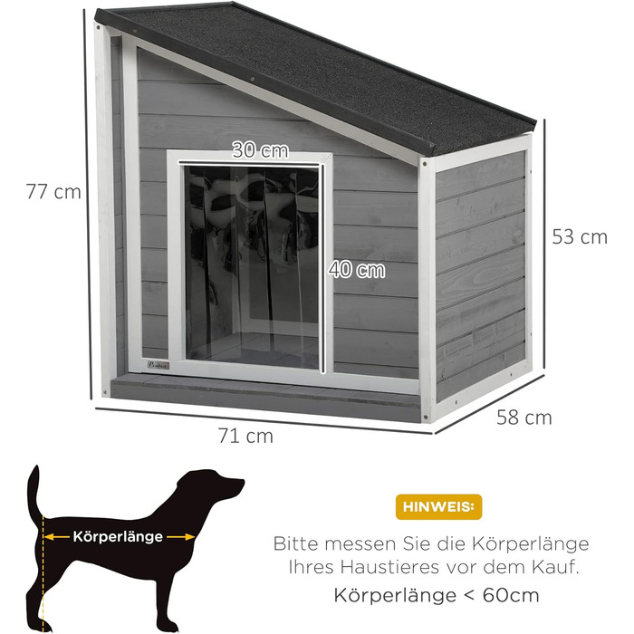 Дерев'яний вольєр для собак PawHut - Будинок для собак з відкриваючим дахом та шторкою на дверях, вулиця, стійкий до погодних умов, сірий, 71 x 58 x 53/77 см