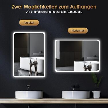 Дзеркало для ванної кімнати з підсвічуванням 70x50 см | LED дзеркало | IP54 вологостійке | Сенсорне управління | Настінне дзеркало | Горизонтальна/Вертикальна установка 6500K холодне біле світло