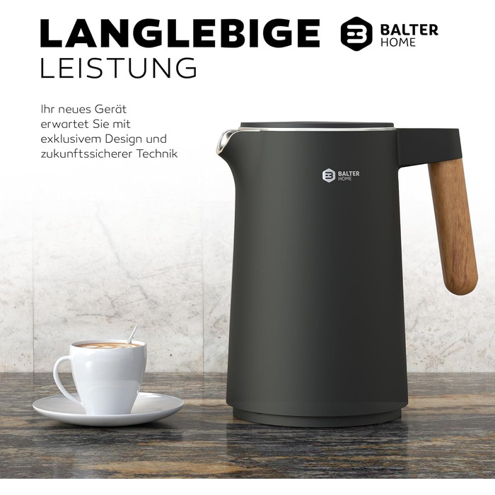 BALTER Stainless Steel Kettle with Temperature Setting, 45°C-100°C, Double-Walled, BPA Free, Quiet & Cordless, Keep Warm Function, Tea Kettle with Temperature Display, 1.5L, 2200W, Black (Blue Gray)