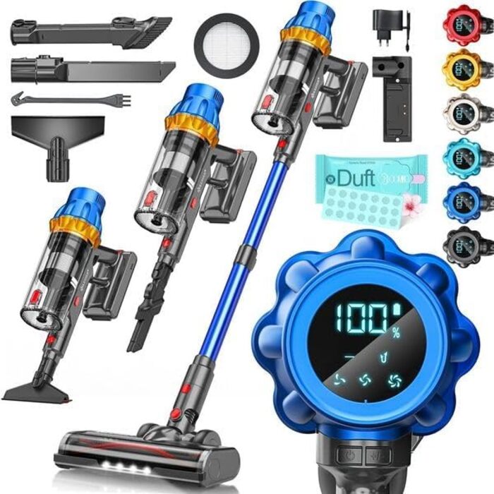 Бездротовий акумуляторний пилосос KESSER® з LED-дисплеєм | Тихий, без мішка, з антинамотувальною щіткою для твердих поверхонь, килимів та шерсті тварин (Синій/Золотий)