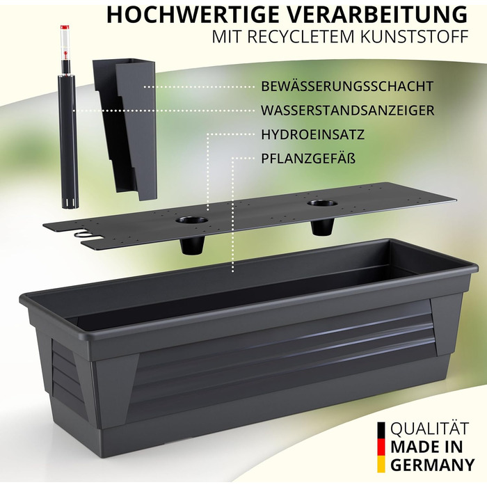 Plastard Milano Flower Box Set of 3, 60 cm long, Anthracite color with water reservoir and water level indicator. Planting box for garden and balcony, weather-resistant for indoor and outdoor use.
