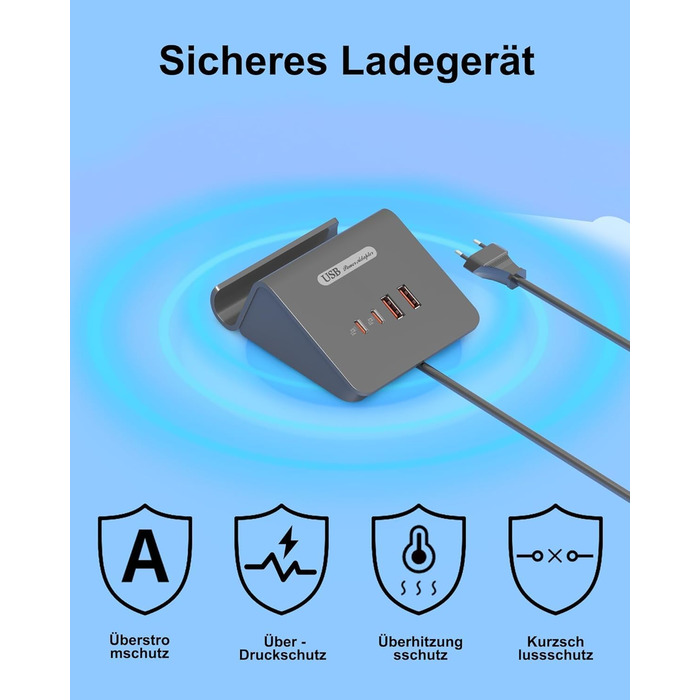 Багатопортова USB зарядка POANES 25W: зарядний станція на 4 порти для iPhone, Samsung, LG, Huawei та інших пристроїв (чорний/сірий)