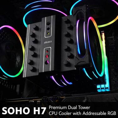 Akasa SOHO H4 Plus: Охолоджувач CPU з RGB підсвічуванням, 120мм вентилятор, мідні теплові трубки, 185W TDP, термопаста, чорний колір, підтримка Intel LGA 1851/20XX/1700/1200/115X та AMD AM4/AM5 Ryzen