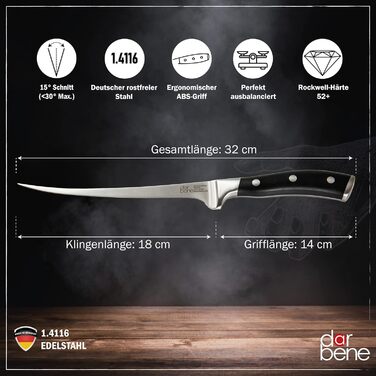 Професійний філейний ніж DarBene C-Series 18 см з німецької нержавіючої сталі, гнучкий, надзвичайно гострий, з ABS-руків'ям, підходить для заточування, з чохлом для леза